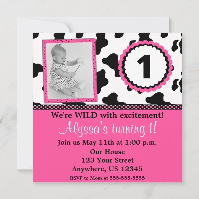 Invitación Chicas rosados impresos vacas Cumpleaños Invitar a (Anverso)