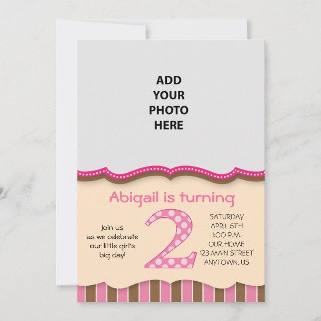 Invitación Chicas rosados/marrones en segundo cumpleaños (Anverso)