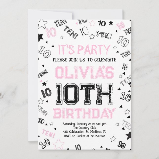 Invitación Chicas rosados número diez fiesta de cumpleaños (Anverso)