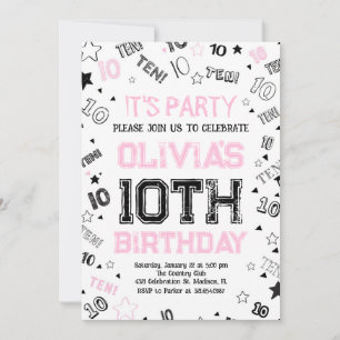 Invitación Chicas rosados número diez fiesta de cumpleaños
