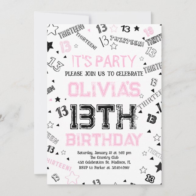 Invitación Chicas rosados número Trece cumpleaños (Anverso)