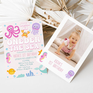 Invitación Chicas Rosados Oneder The Sea First Birday