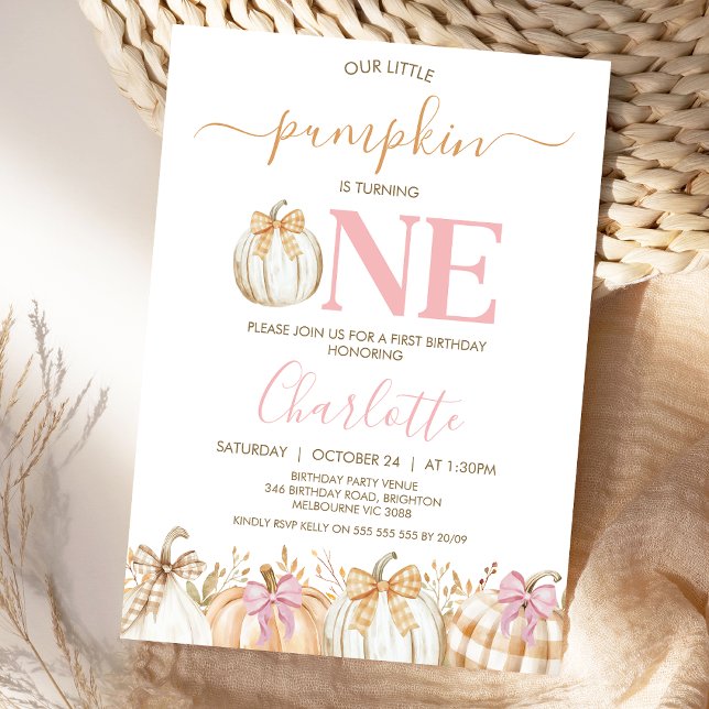 Invitación Chicas rosados otoño tocan calabaza pequeña primer (Pumpkin 1st Birthday Invitation, Girls Fall Little Pumpkin 1st Birthday Invitation Template, )