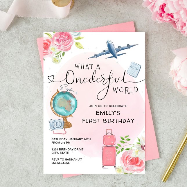 Invitación Chicas rosados Primer cumpleaños del mundo maravil (Subido por el creador)