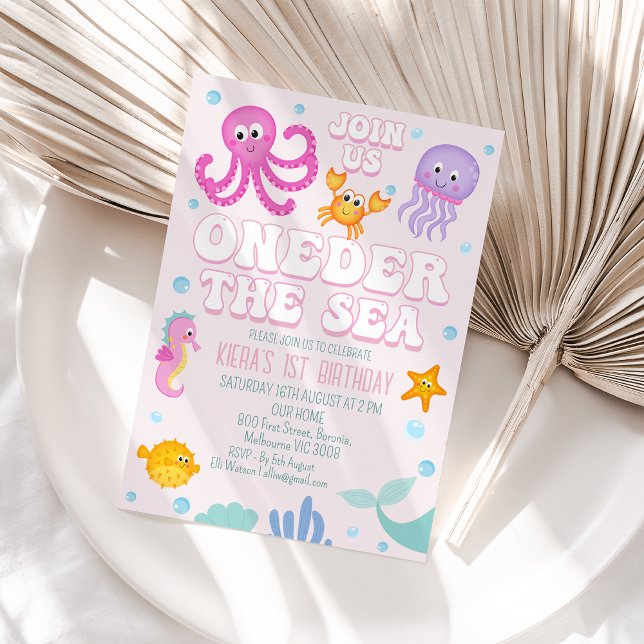 Invitación Chicas Rosados Retro Oneden El Mar Primer Cumpleañ (Pink Oneder the Sea 1st Birthday Invitation Template Baby Girl Under Sea 1st Birthday Invitation)