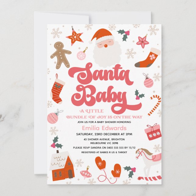 Invitación Chicas rosados retro Santa Baby Baby Shower (Anverso)