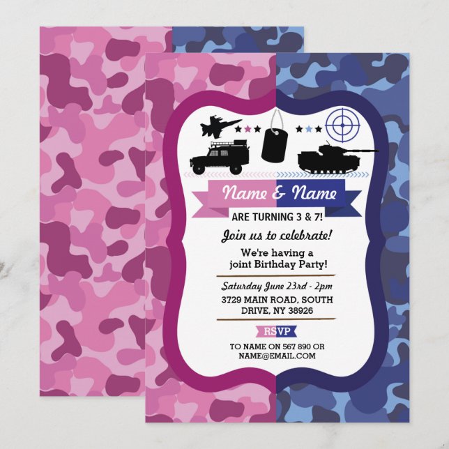 Invitación Chicas rosados y azules del ejército y fiesta de c (Anverso / Reverso)