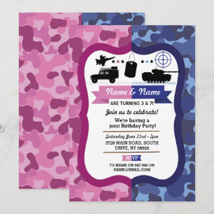 Invitación Chicas rosados y azules del ejército y fiesta de c