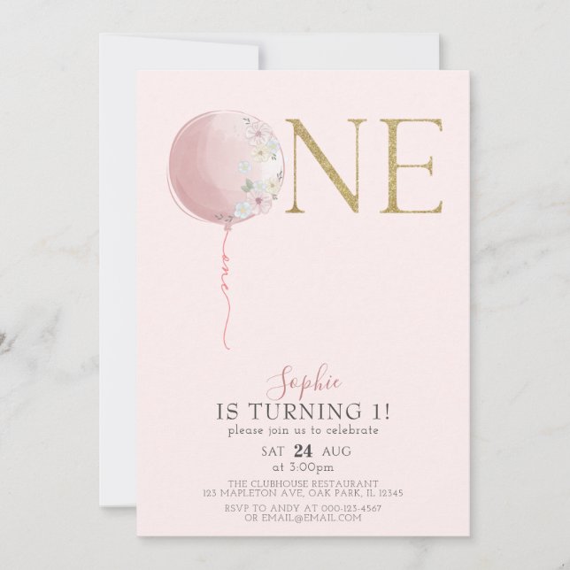 Invitación Chicas rosados y de oro en globos (Anverso)