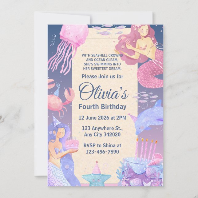 Invitación Chicas rosados y morados Cumpleaños de la Sirena (Anverso)