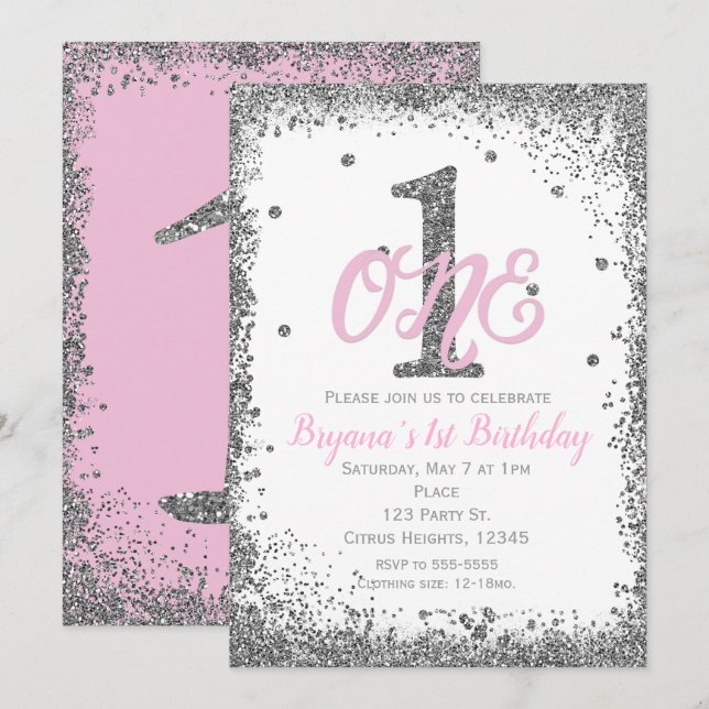 Invitación Chicas rosados y plateados UN primer Fiesta de cum (Anverso / Reverso)