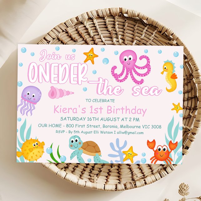 Invitación Chicas rosan bajo el mar (Colorful Oneder the Sea Birthday Invitation Template For Girl, Under the Sea Themed 1st Birthday)