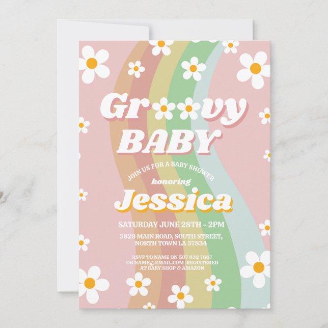 Invitación Chicas rosas de Baby Shower groovy retro arco iris (Anverso)