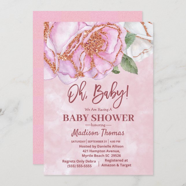 Invitación Chicas Rosas Purpurinas rosados Baby Shower (Anverso / Reverso)