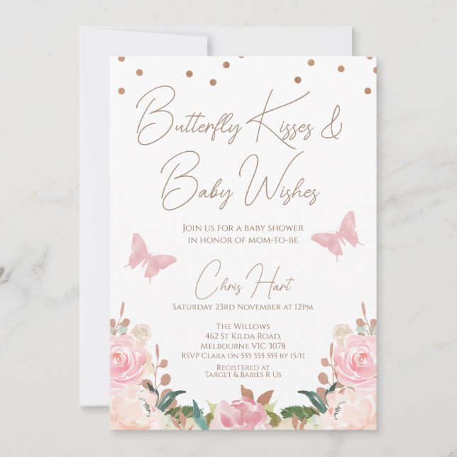 Invitación Chicas Rubor Floral Butterfly Baby Shower (Anverso)