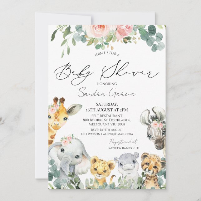 Invitación Chicas Rubor Floral Foliage Safari Baby Shower (Anverso)