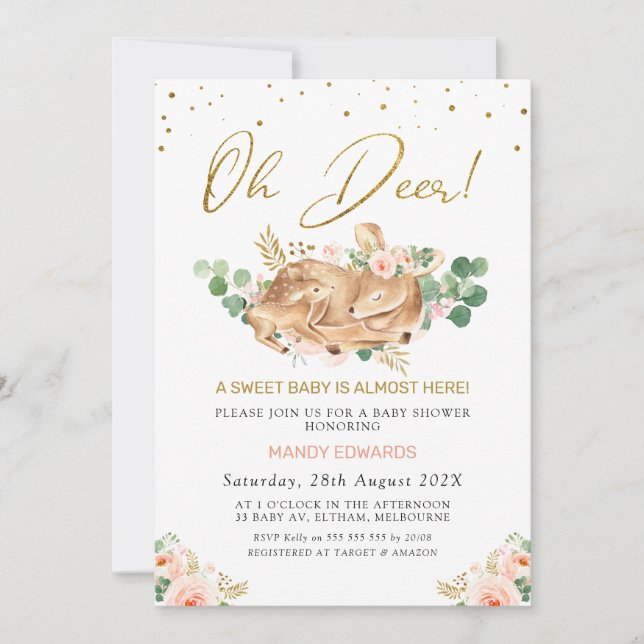 Invitación Chicas Rubor Floral Oh Deer Fawn Baby Shower (Anverso)