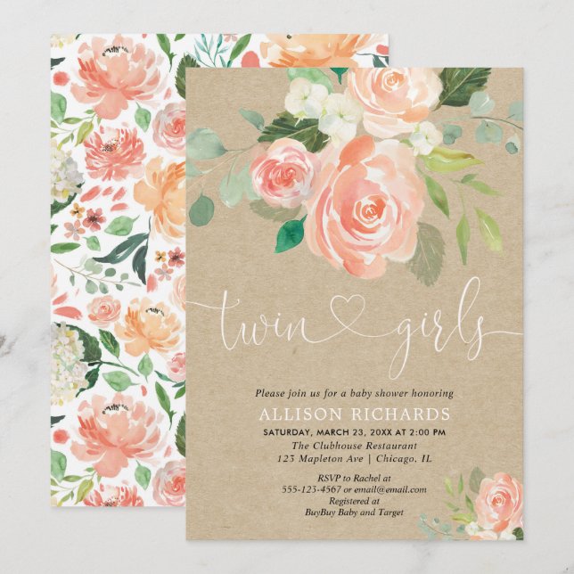 Invitación chicas ruidosos con mellizas florales kraft baby s (Anverso / Reverso)