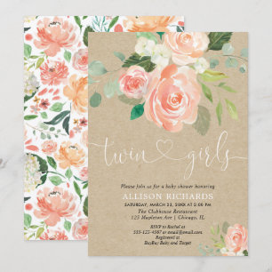 Invitación chicas ruidosos con mellizas florales kraft baby s