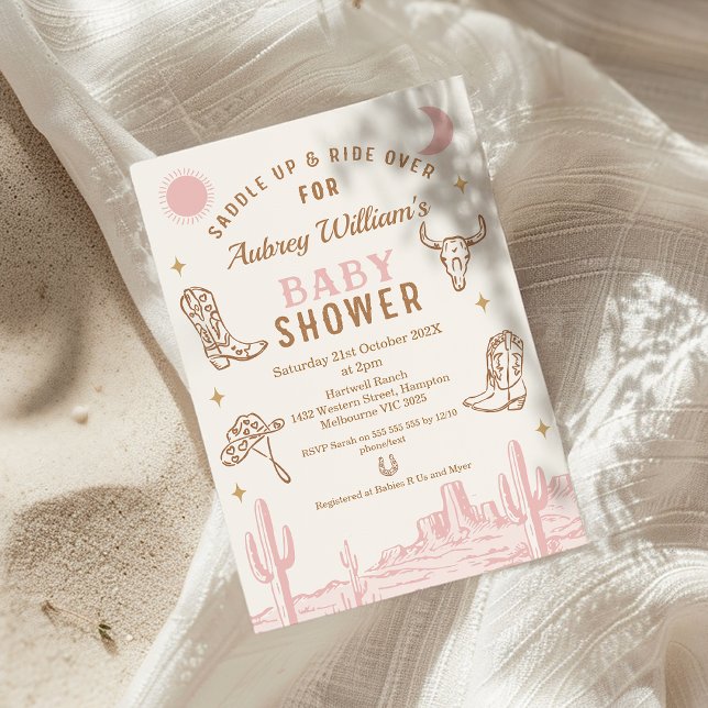Invitación Chicas rusos del desierto rosado Cowgirl Baby Show (Girls Cowgirl Baby Shower Invitation, Western Wild West, Southern Country, Rodeo Baby Shower Invite)