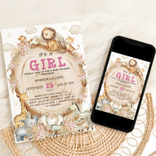 Invitación Chicas Safari Animales Rosa Baby Shower