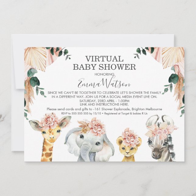 Invitación Chicas Safari Animales Virtual Baby Shower (Anverso)