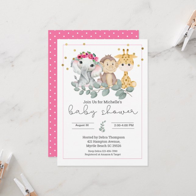 Invitación Chicas Safari Animals y Greenery Baby Shower (Anverso/Reverso In Situ)