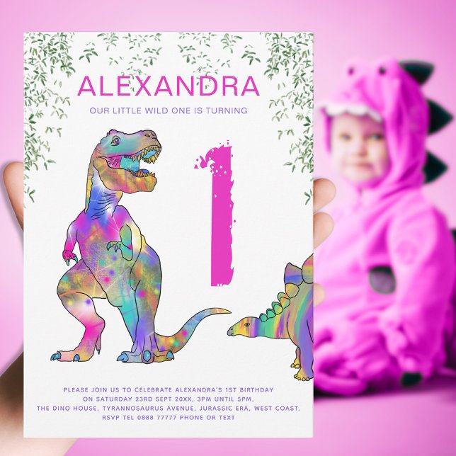 Invitación Chicas salvajes T Rex Primer Fiesta de cumpleaños (Girls wild one dinosaur 1st birthday party invitation with colorful T-Rex and Stegosaurus dino fun)