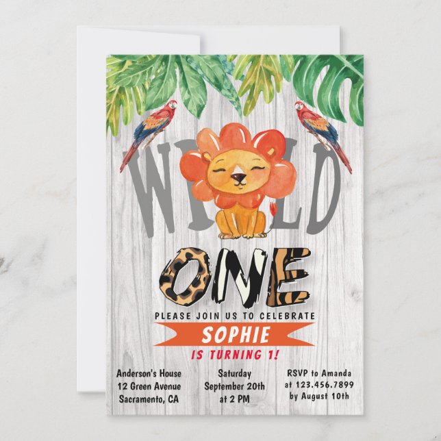 Invitación Chicas salvajes Watercolor Safari León primer cump (Anverso)