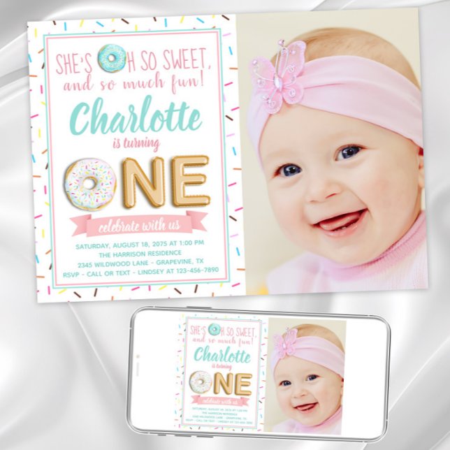 Invitación Chicas se burlan del globo Relieve metalizado foto (Cute photo doughnuts with sprinkles and gold foil balloons first birthday invitation.)