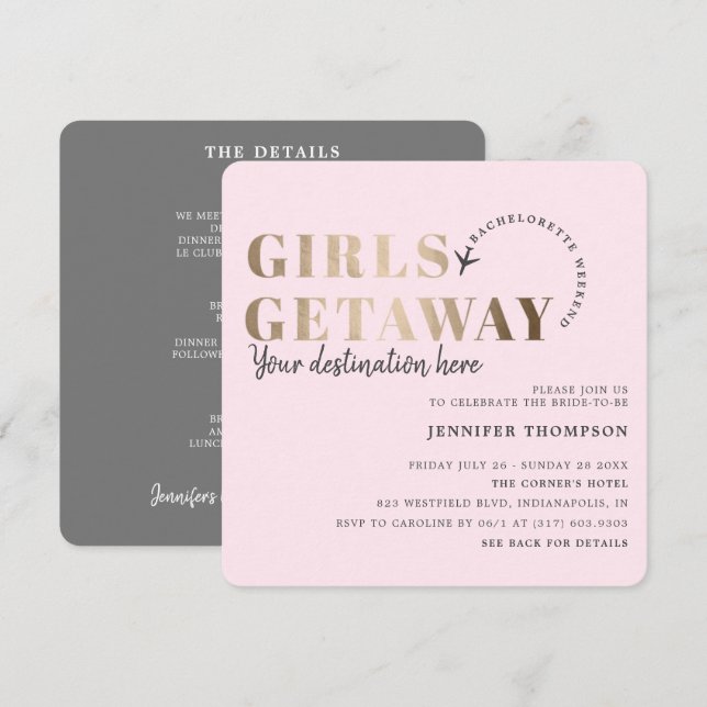 Invitación Chicas se llevan Rubor y Gold Bachelorette Weekend (Anverso / Reverso)