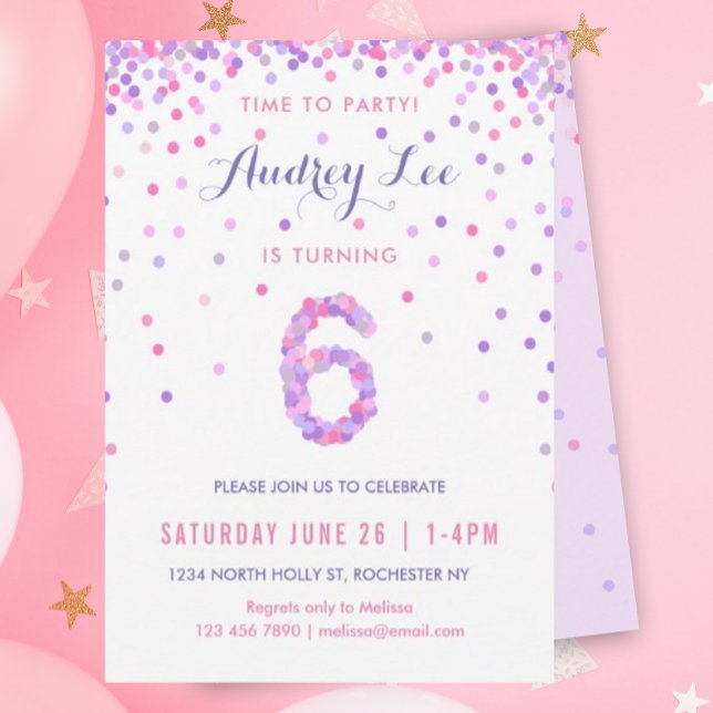 Invitación Chicas Sexto cumpleaños Fiesta Confetti (Pink and purple confetti for your 6 year old's birthday party!)