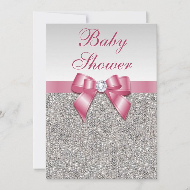 Invitación Chicas Silver Sequins y Bow rosados Baby Shower (Anverso)