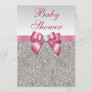 Invitación Chicas Silver Sequins y Bow rosados Baby Shower