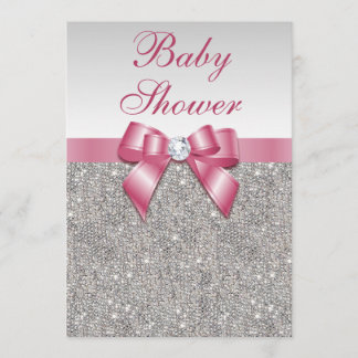 Invitación Chicas Silver Sequins y Bow rosados Baby Shower