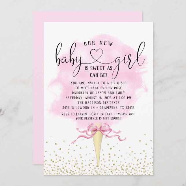 Invitación Chicas Sip Ver Baby Shower Candy De Algodón De Oro (Anverso / Reverso)