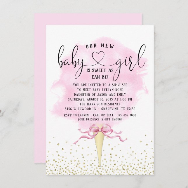 Invitación Chicas Sip Ver Baby Shower Candy De Algodón De Oro (Anverso / Reverso)
