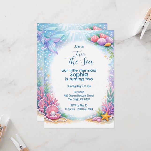 Invitación Chicas Sirena del Océano Bajo el Mar Cumpleaños 2 (Anverso/Reverso In Situ)