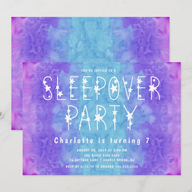 Invitación Chicas Starry Purple Blue Watercolor Sleepover (Anverso / Reverso)