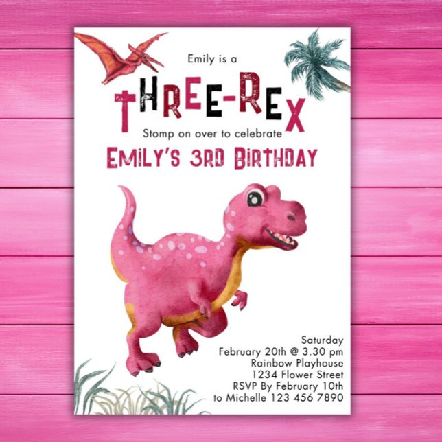 Invitación Chicas Three-Rex 3er Cumpleaños Dinosaurio Rosa Di (Subido por el creador)