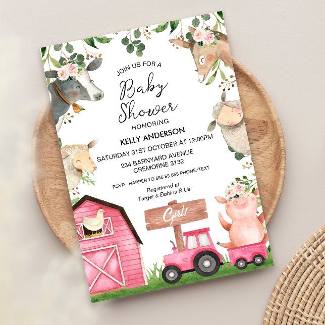 Invitación Chicas Tractor rosa Barn Farm Baby Shower (Girls Farm Baby Shower Invitation Farmyard Barnyard Farm Animals Girls Baby Shower Invite Floral)