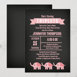 Invitación Chicas Triplet Elephant Baby Shower Chalkboard