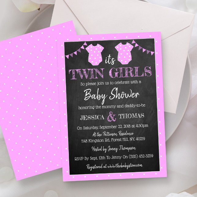 Invitación Chicas Twin de Chalkboard de moda Baby Shower (Subido por el creador)