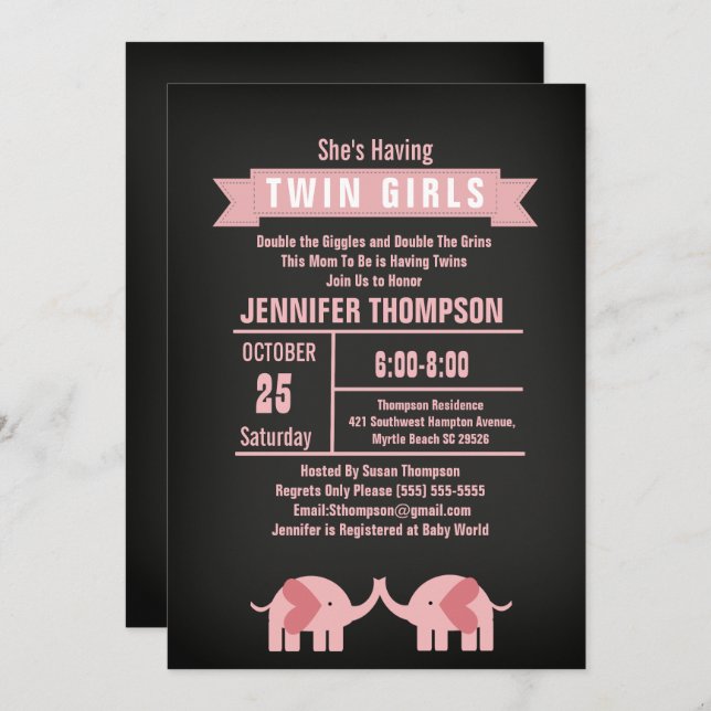 Invitación Chicas Twin Elephant Baby Shower Chalkboard (Anverso / Reverso)