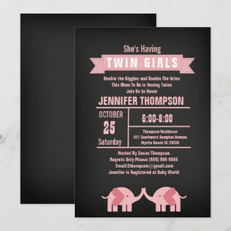 Invitación Chicas Twin Elephant Baby Shower Chalkboard