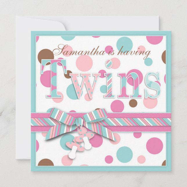 Invitación CHICAS TWIN Rosa Aqua Brown puntos Baby Shower (Anverso)
