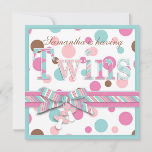 Invitación CHICAS TWIN Rosa Aqua Brown puntos Baby Shower