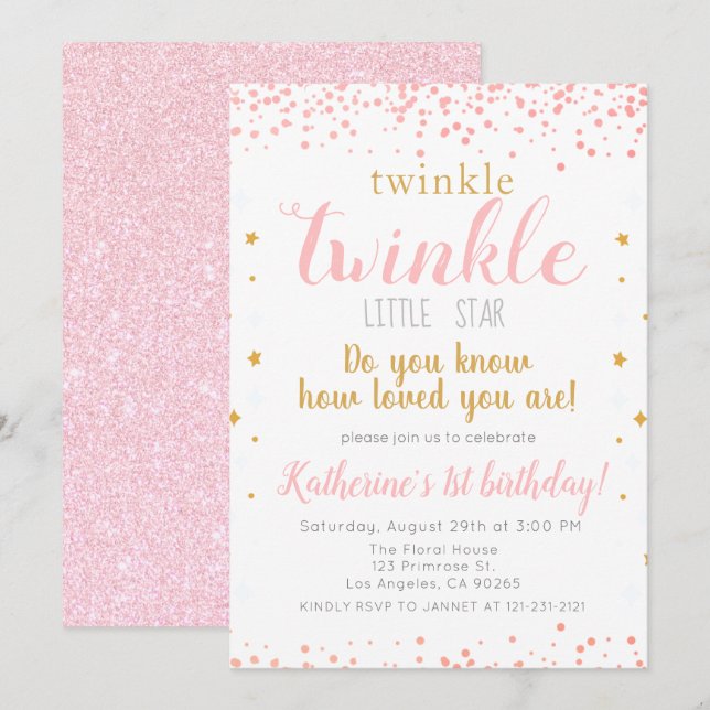 Invitación Chicas Twinkle Little Star Pink & Gold (Anverso / Reverso)