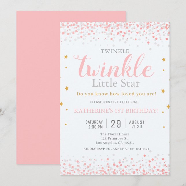 Invitación Chicas Twinkle Little Star Pink & Gold Primer cump (Anverso / Reverso)
