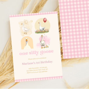 Invitación Chicas Un Primer Cumpleaños Rosado Y Silly Goose